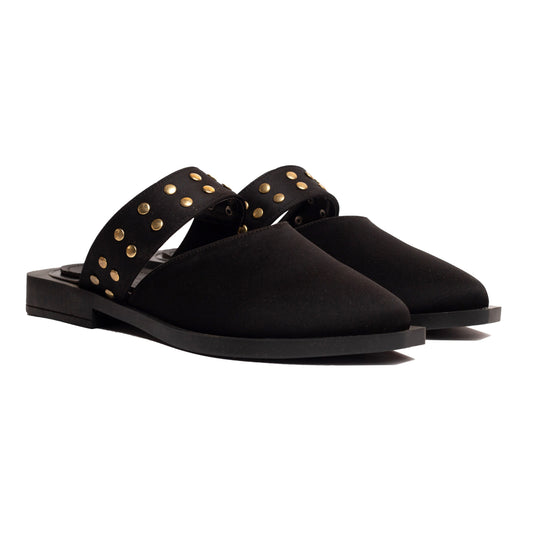 Stud Mules Black Satin